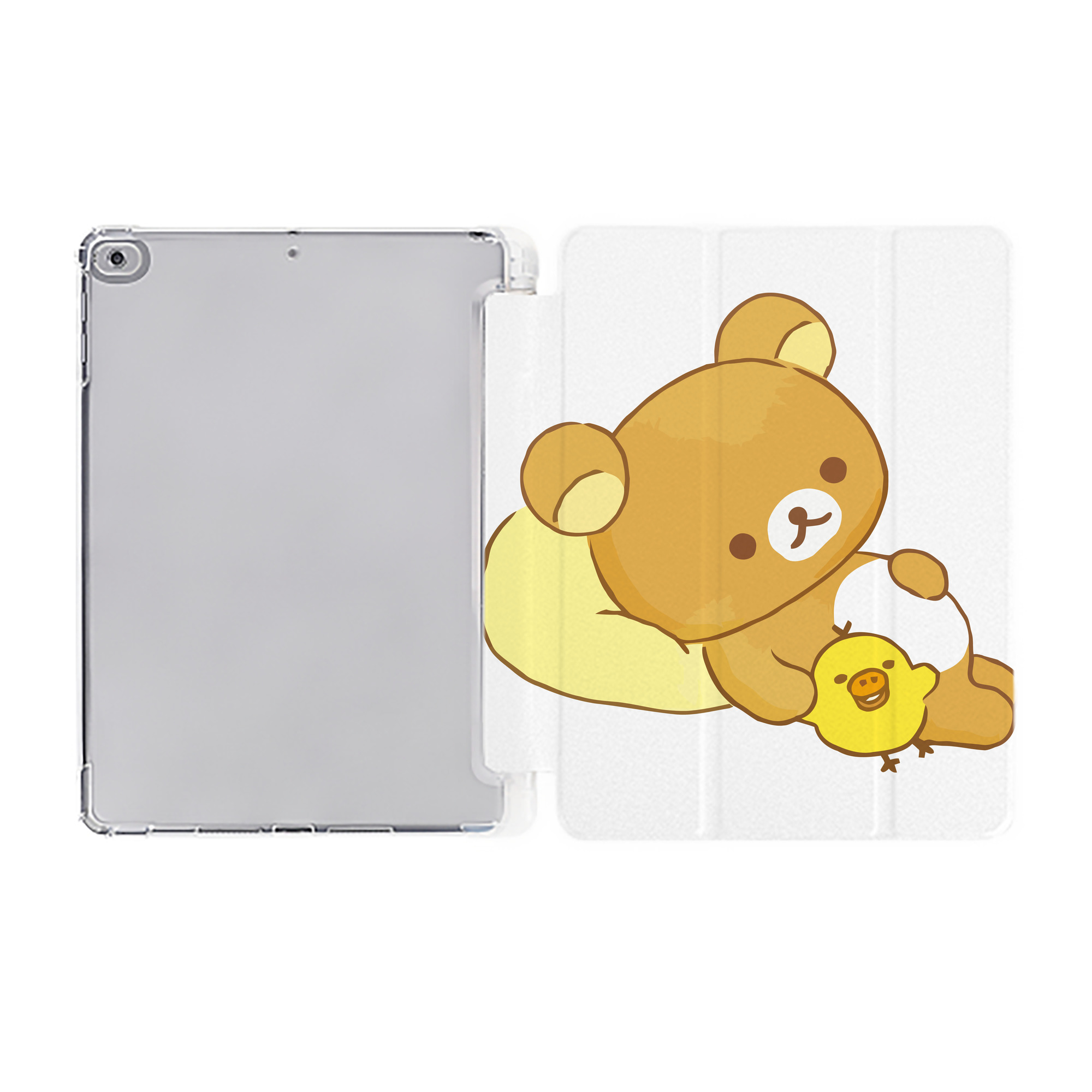 （画像用） リラックマ リラックマ キイロイトリ Rilakkuma Korilakkuma Kiiroitori IPad ケース ペン収納付き 三つ折りスタンド PUレザー×シリコン 対応機種9.5/10.5/10.9インチ